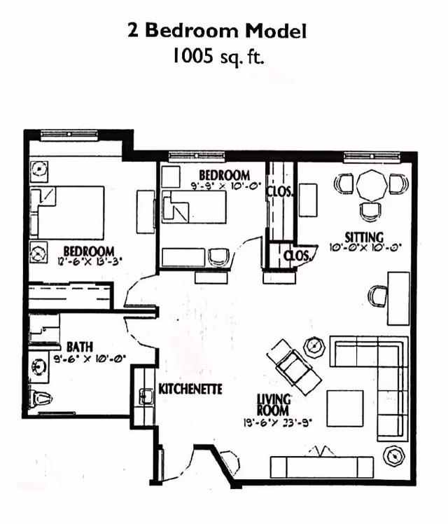 Floor plan of a 2 bedroom model apartment with 1005 square feet. It includes two bedrooms, a bathroom, a kitchenette, a living room, and a sitting area. The larger bedroom measures 12'-6" by 13'-3", the smaller bedroom is 9'-9" by 10'-0", the bathroom is 9'-6" by 10'-0", the sitting area is 10'-0" by 10'-0", and the living room is 19'-6" by 23'-9". Closets are shown near the bedrooms.