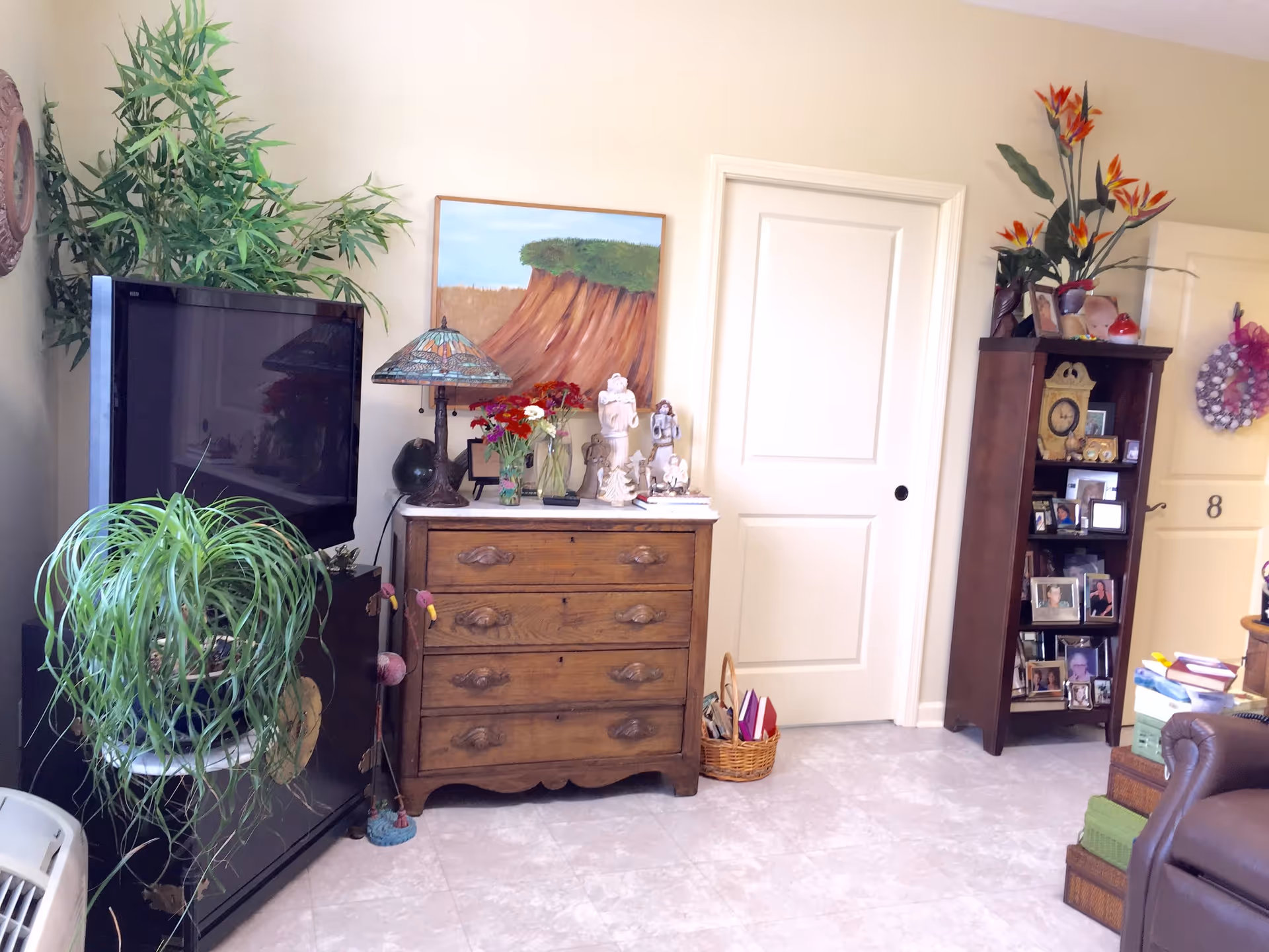 A cozy living room area with a flat-screen TV on a stand, a wooden dresser with decorative items including a lamp, flowers, and figurines, a tall bookshelf filled with framed photos and a clock, and two closed white doors. There are several plants adding greenery to the space, and a comfortable leather chair partially visible on the right.