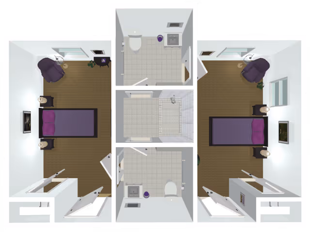Top-down floor plan of a facility named Kelley Place showing two bedrooms on either side with beds, armchairs, nightstands, and lamps. In the center are two bathrooms with toilets, sinks, and a shower in the middle bathroom.
