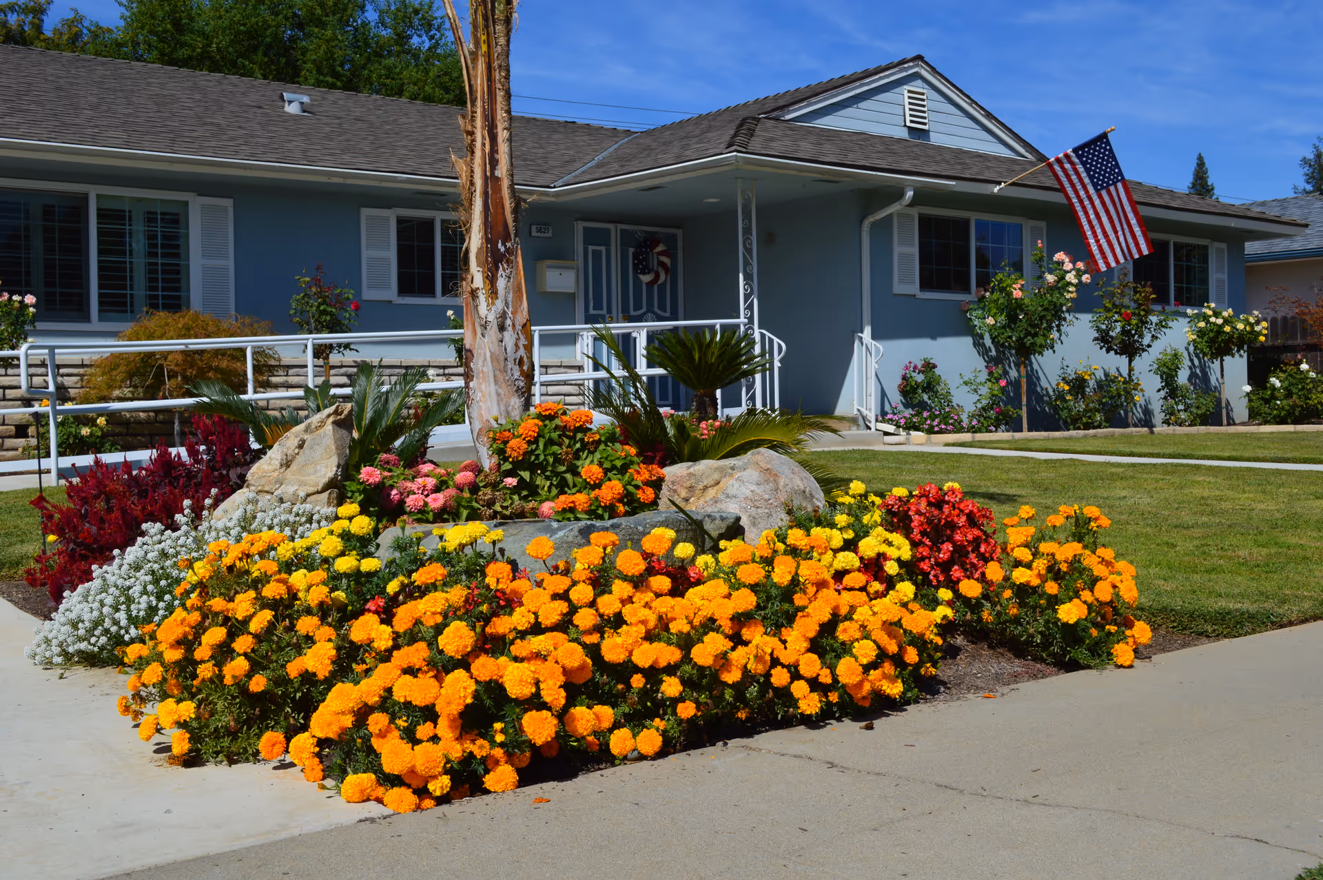 Front of a single-story building with a manicured flower bed, walkway, ramp and an American flag by the entrance.