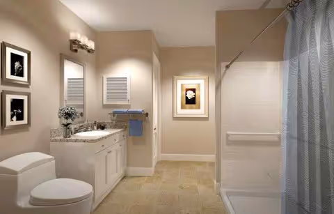 Bright beige bathroom with a vanity and sink, toilet, and a walk-in shower with a patterned curtain.