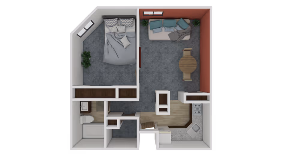 Top-down view of a one-bedroom apartment floor plan featuring a bedroom with a bed and pillows, a living room with a sofa, coffee table, and two chairs, a kitchen area with appliances and a sink, and a bathroom with a toilet and bathtub.