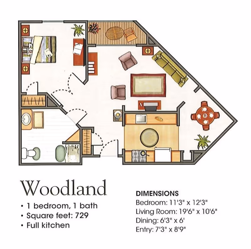 Floor plan of Woodland Village apartment showing one bedroom, one bathroom, full kitchen, living room, dining area, and entry with dimensions and square footage.