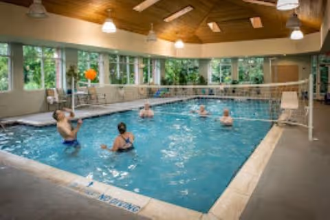 Indoor swimming pool with several people playing water volleyball. The pool area has large windows showing greenery outside, a wooden ceiling with skylights, and bright overhead lights.