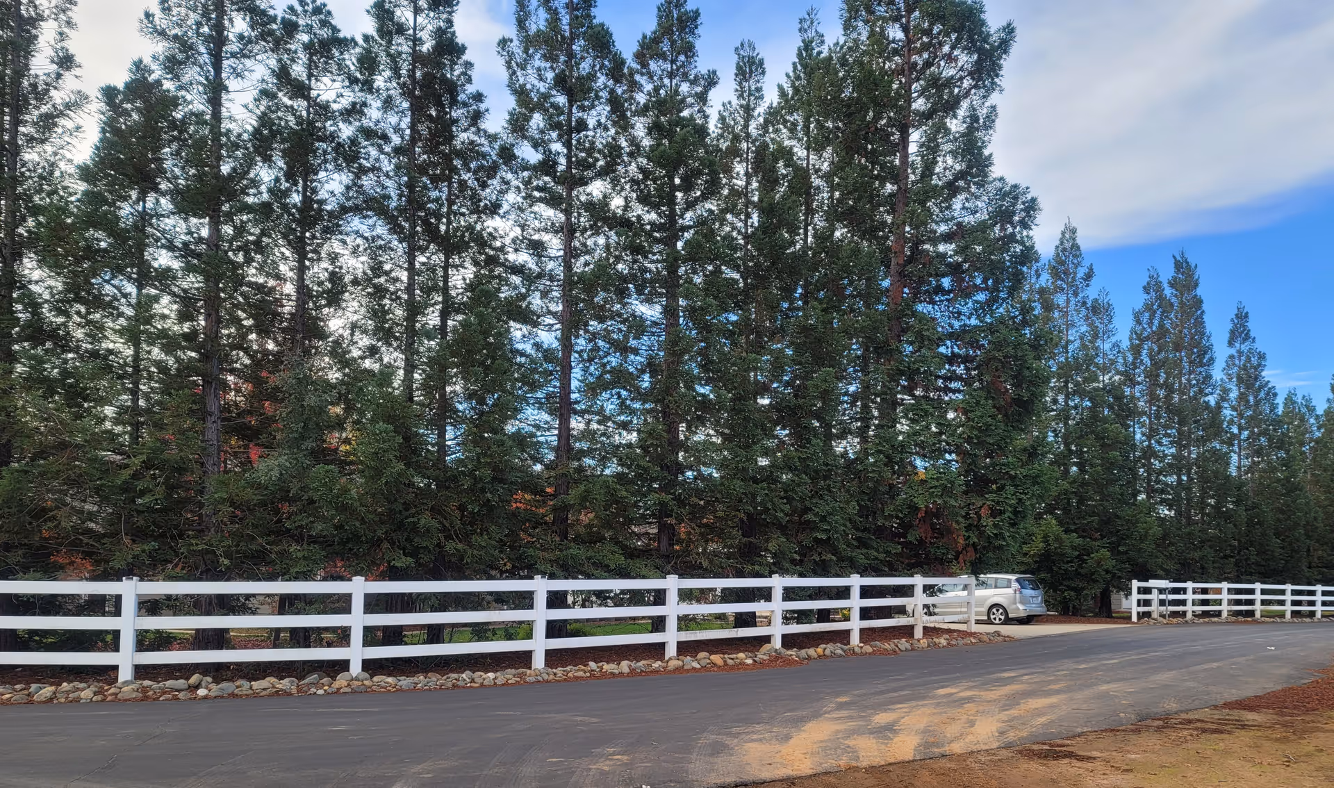 Paved driveway bordered by a white wooden fence with tall evergreen trees behind it and a parked car at the right.