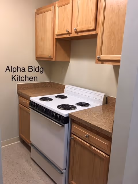 Small kitchen with a white electric coil stove flanked by wooden cabinets and brown laminate countertops.