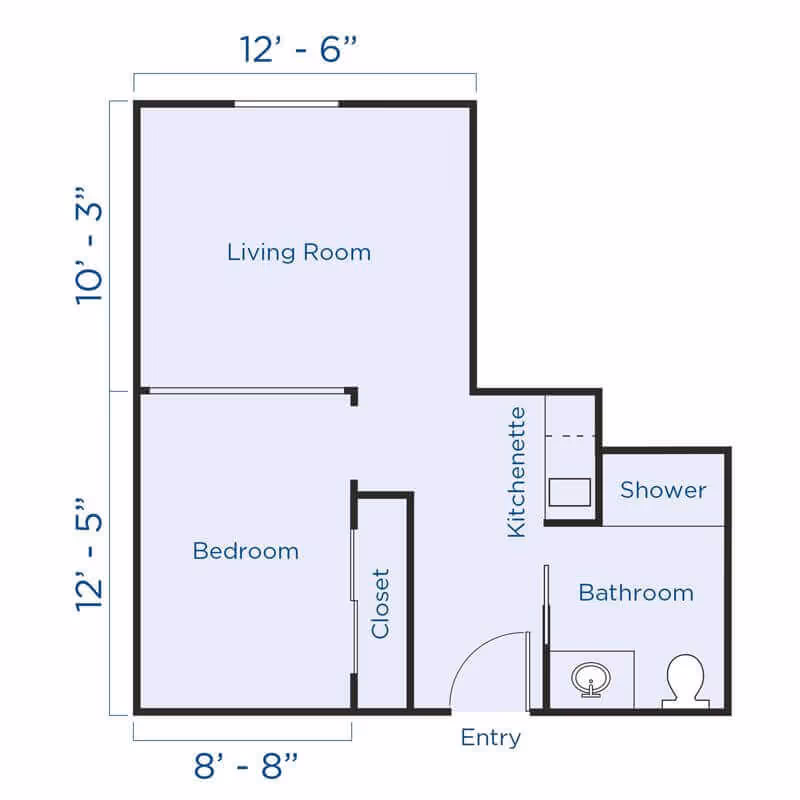 Floor plan of a senior living unit at Carlton Senior Living Sacramento showing a living room, bedroom with closet, kitchenette, bathroom with shower, and entry area with dimensions.
