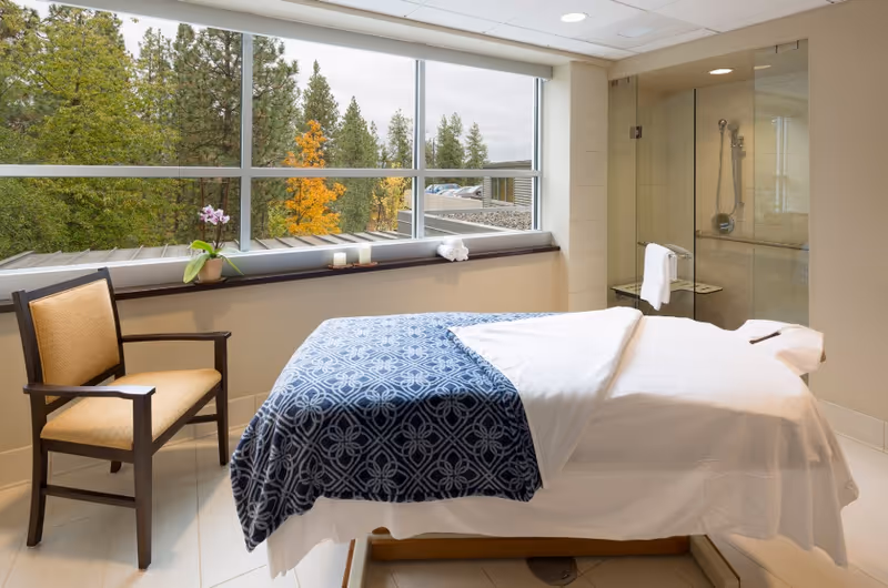 A bright treatment room with a massage table, chair, large window overlooking trees, and a glass shower.