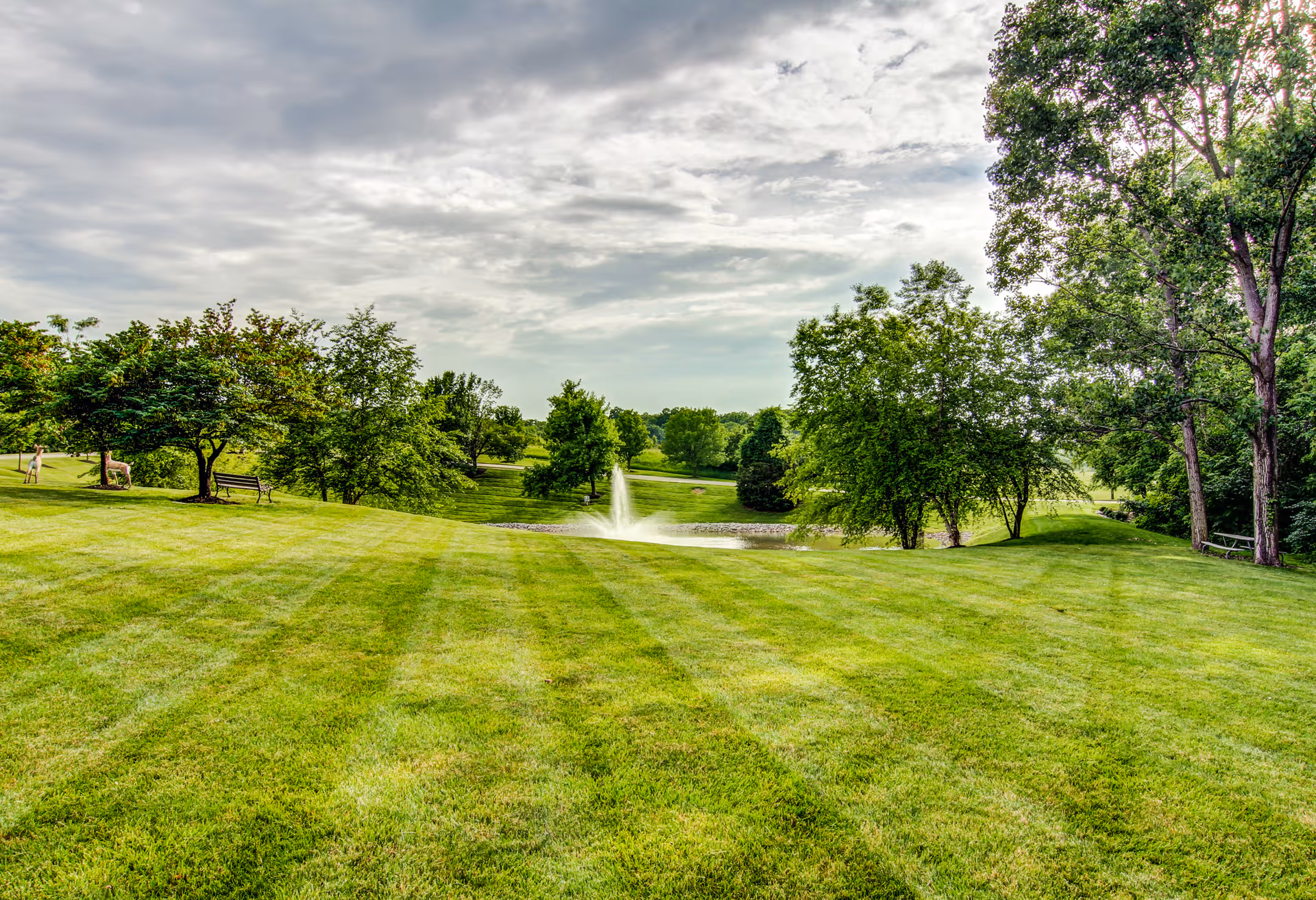 A well-maintained grassy lawn with striped mowing patterns, surrounded by various green trees. In the background, there is a small pond with a water fountain spraying upwards under a cloudy sky.