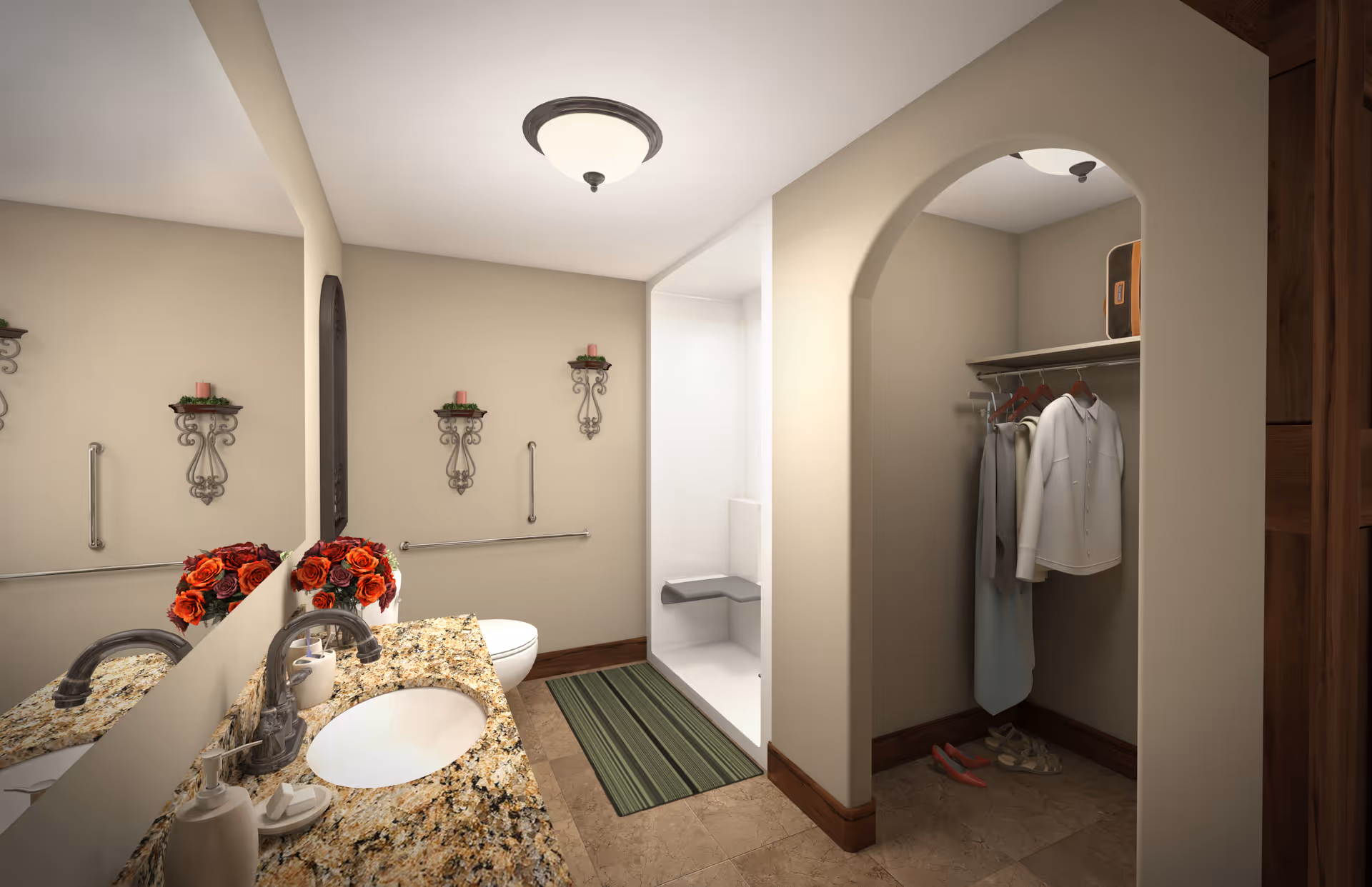 A bathroom with a granite countertop sink, a large mirror, and a toilet. The walls are beige with decorative candle holders. There is a walk-in shower with a built-in seat and grab bars. Adjacent to the bathroom is a small closet area with hanging clothes and shoes on the floor.