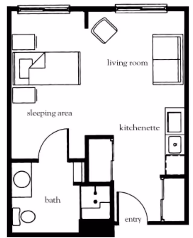 Floor plan of a living space at Vitality Living Elizabethtown showing a sleeping area with a bed and nightstands, a living room with seating, a kitchenette with a sink and appliances, an entryway, and a bathroom with a toilet and bathtub.