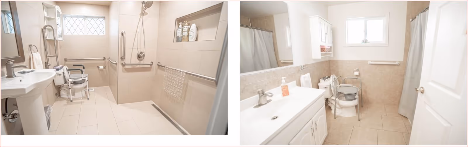 Two images showing accessible bathrooms with safety features. The left image features a walk-in shower with grab bars, a shower chair, a pedestal sink, and a toilet with a raised seat and armrests. The right image shows a bathroom with a vanity sink, a toilet with armrests, a shower with a curtain, grab bars, and a window providing natural light.