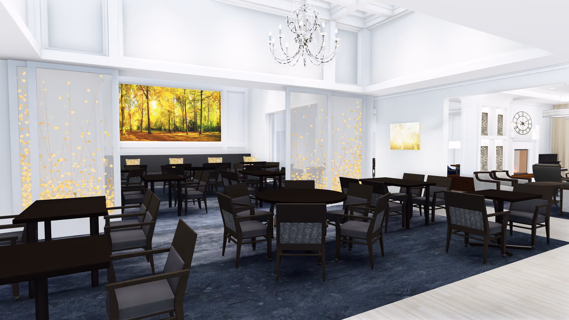 A bright and spacious dining room with multiple dark wood tables and chairs arranged neatly on a dark blue carpet. The walls are white with large windows and decorative panels featuring a golden leaf pattern. A large chandelier hangs from the high ceiling, and there are paintings of nature scenes on the walls. The room opens into another area with more seating and a large clock on the wall.