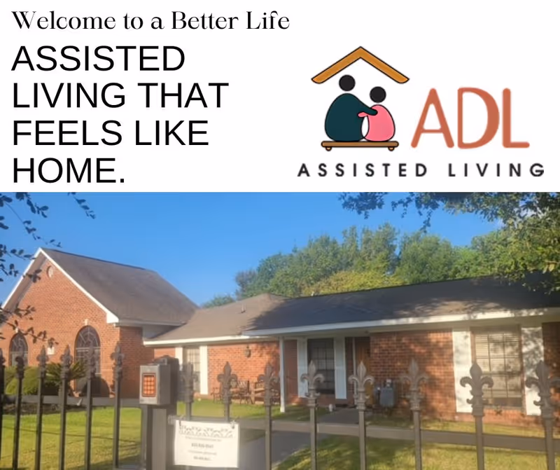 Exterior view of a brick assisted living facility with a black iron fence in front, green lawn, and trees in the background. The image includes a logo with two stylized figures under a roof and the text 'ADL ASSISTED LIVING' along with the phrase 'Welcome to a Better Life ASSISTED LIVING THAT FEELS LIKE HOME.'