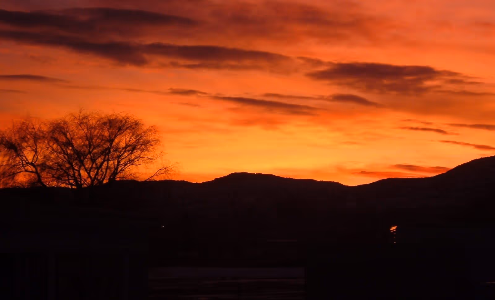 A vibrant orange and red sunset sky with silhouetted hills and a leafless tree in the foreground.