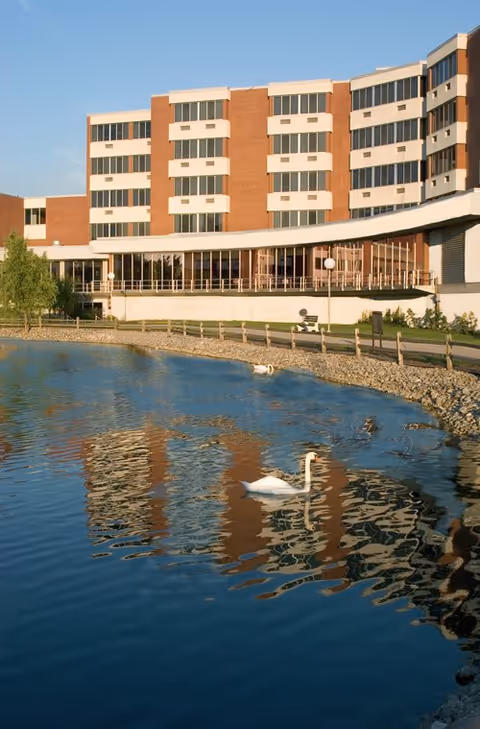 A multi-story brick and white building with large windows overlooking a pond with a swan and ducks swimming. The building is reflected in the water, and there is a small fence and greenery around the pond.