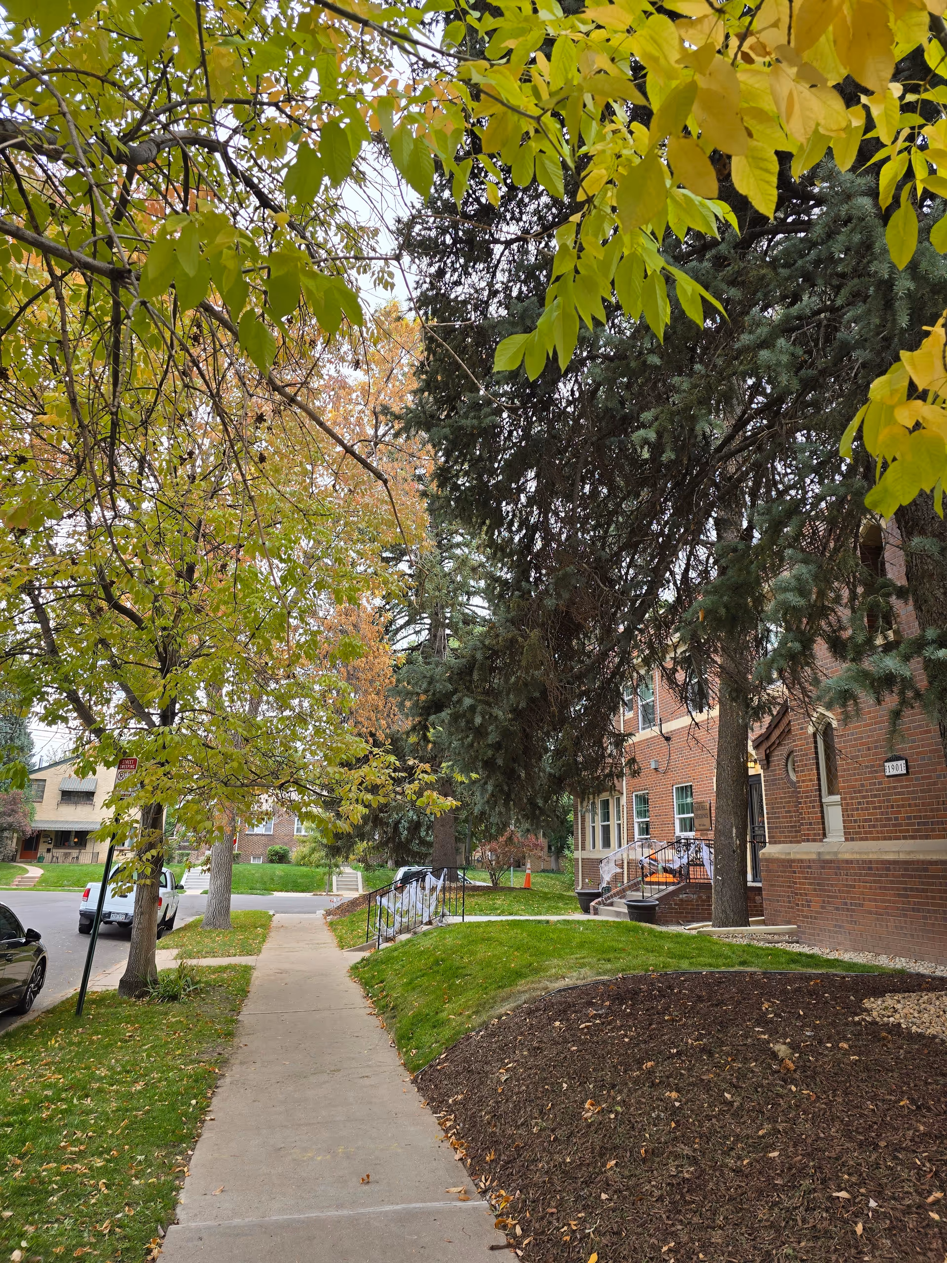 Sidewalk leading past a brick building with stairs and railings, surrounded by green grass, trees with green and yellow leaves, and parked cars along the street in a residential neighborhood.