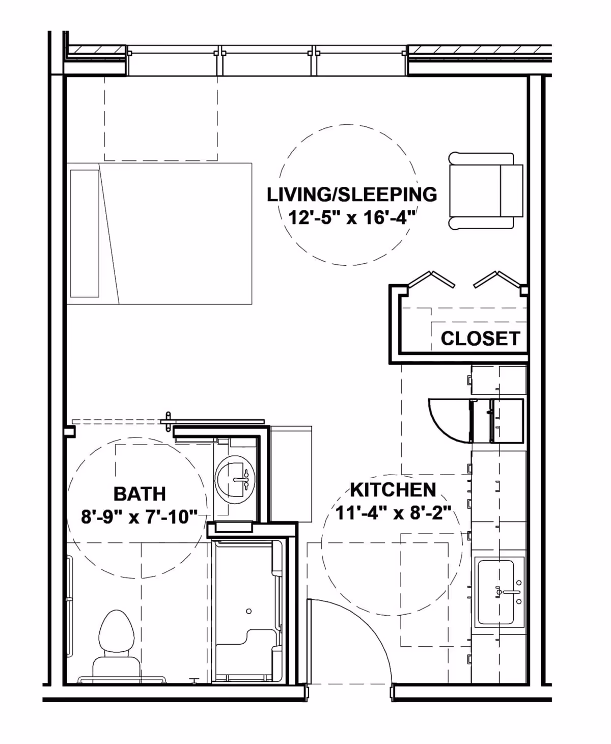 Floor plan layout of a senior living unit at Glasswater Creek of Plainfield showing a combined living and sleeping area measuring 12 feet 5 inches by 16 feet 4 inches, a kitchen area measuring 11 feet 4 inches by 8 feet 2 inches, a bathroom measuring 8 feet 9 inches by 7 feet 10 inches, and a closet. The plan includes furniture placement such as a bed, chair, sink, toilet, and kitchen fixtures.