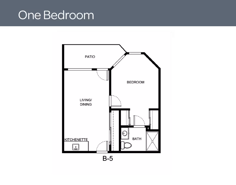 Floor plan of a one-bedroom apartment labeled B-5, showing a patio, living/dining area, kitchenette, bedroom, and bathroom.