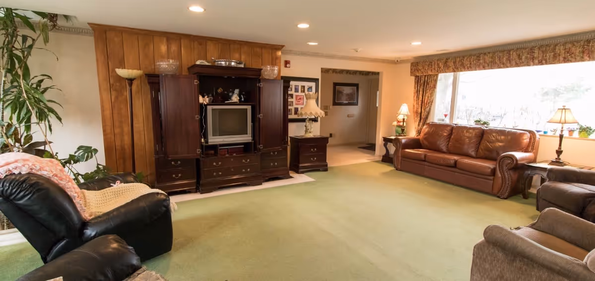 A living room with green carpet, a brown leather sofa, two armchairs, a wooden entertainment center with a TV, a floor lamp, and a large window with curtains letting in natural light.
