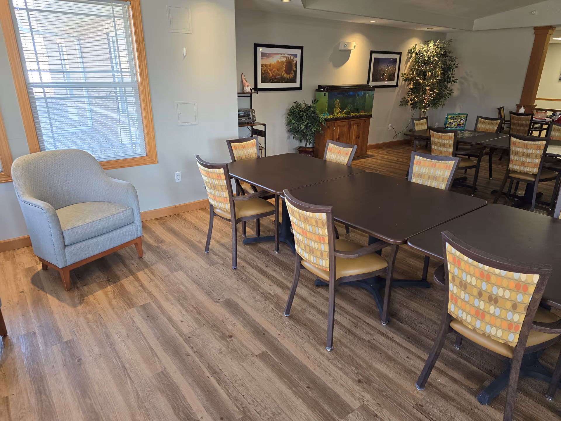 Dining/activity room with dark tables and patterned chairs, an armchair by a window, and an aquarium and plants along the far wall.