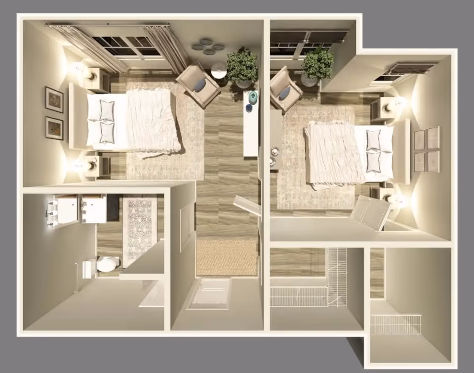 Top-down rendered floor plan showing two furnished bedrooms, a shared bathroom, closets, and a central hallway.