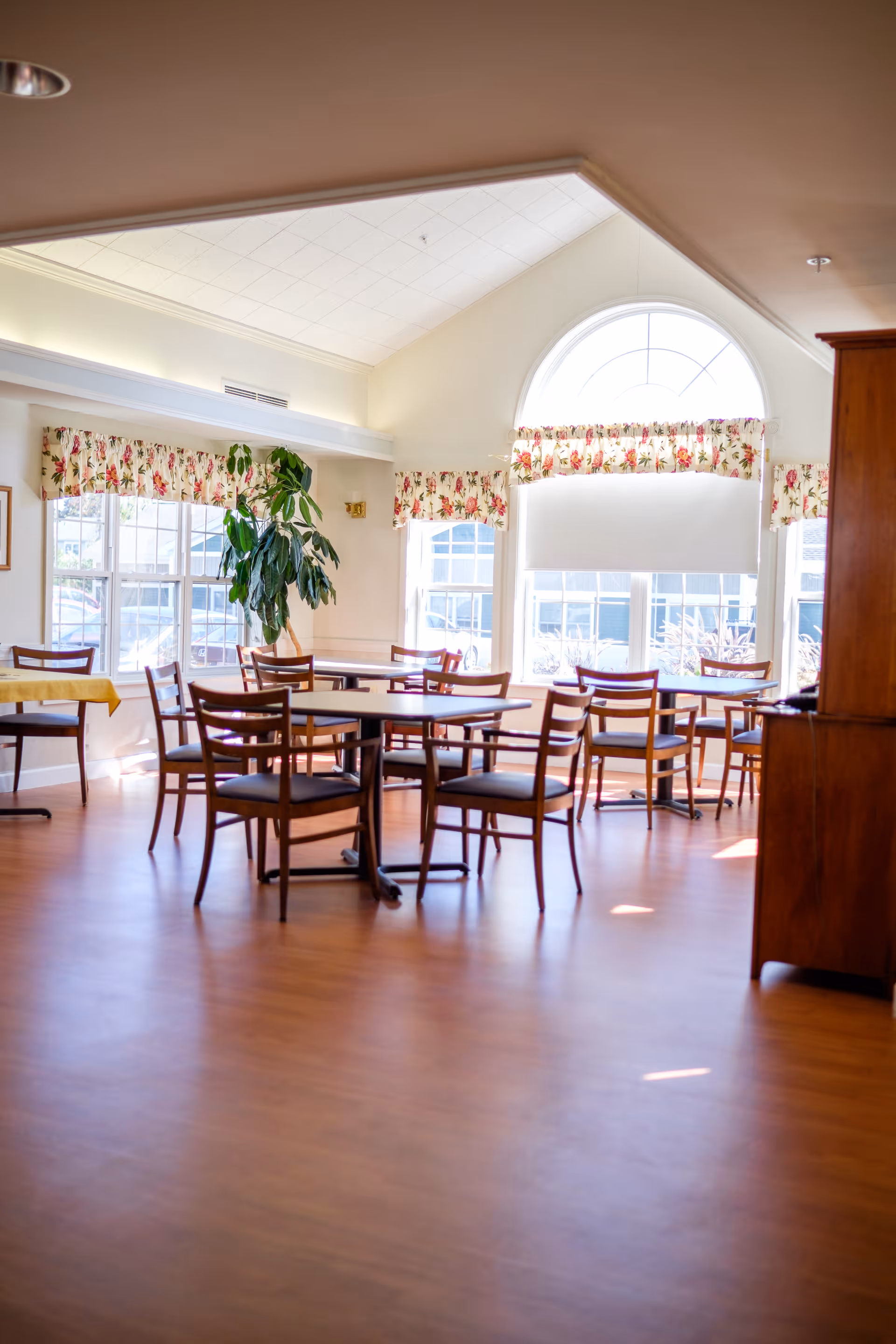 A bright dining room with several wooden tables and chairs arranged on a polished wooden floor. Large windows with floral valances allow natural light to fill the room, and a tall green plant is placed near the windows. The ceiling is vaulted with a white finish.