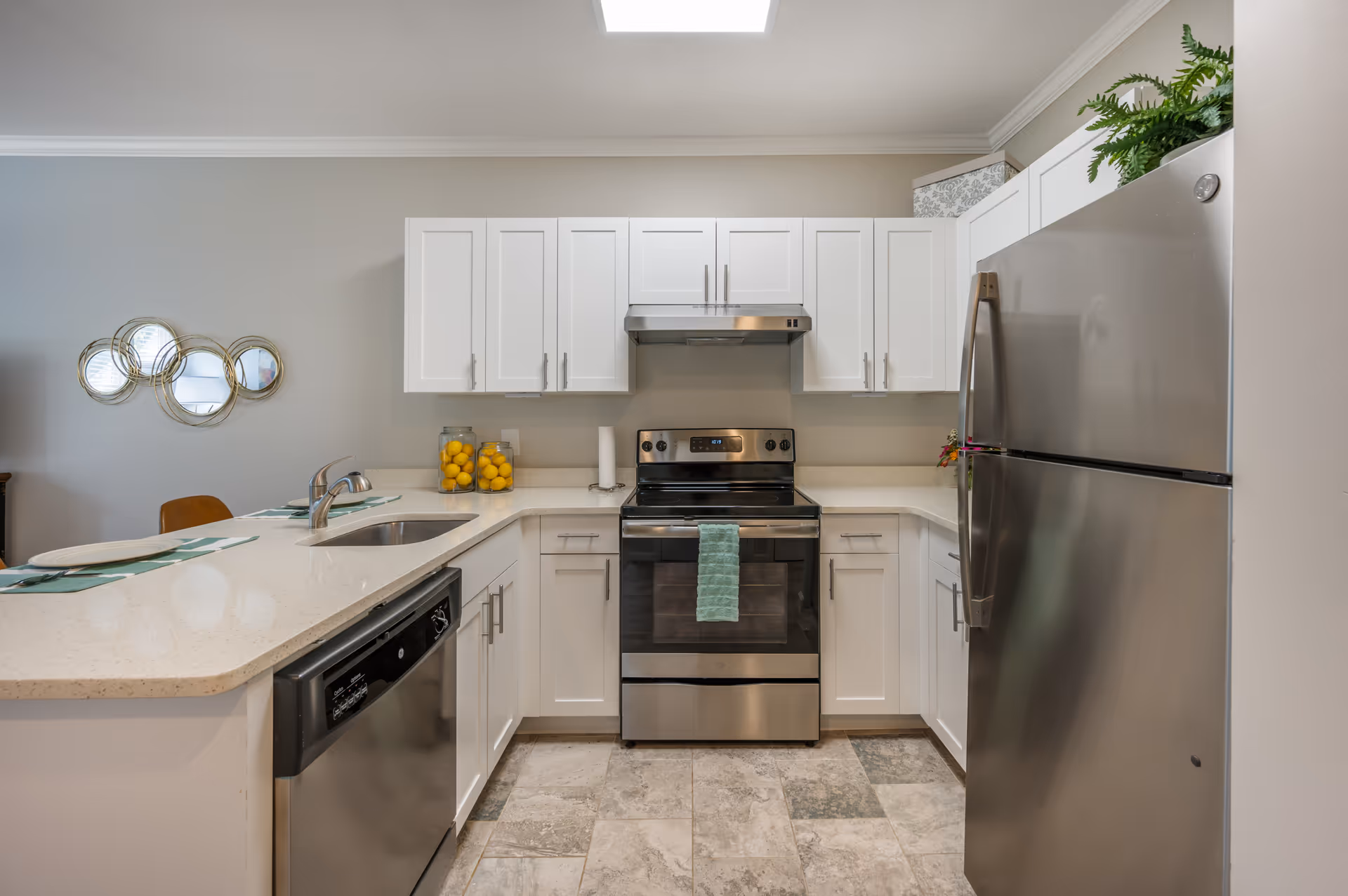 Modern kitchen with white cabinets, stainless steel appliances including a refrigerator, stove, and dishwasher. The countertop is light-colored with a built-in sink and a faucet. Two jars filled with lemons and a paper towel holder are on the counter. A decorative wall mirror with circular frames is visible on the left wall.