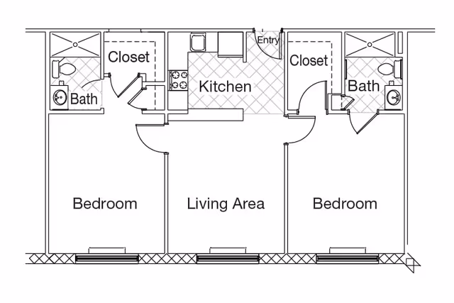 Black-and-white floor plan of a two-bedroom, two-bath apartment showing labeled bedrooms, two baths, a kitchen, and a central living area.