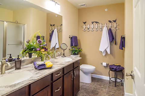 Bright, well-decorated bathroom with a double-sink vanity, large mirror, toilet, and a shower stall.
