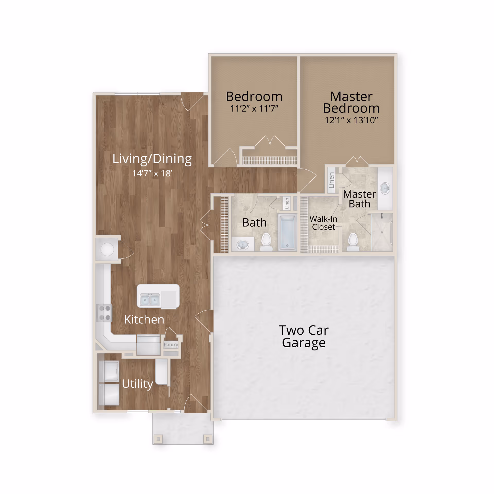 Floor plan of a residential unit showing a living/dining area, kitchen, utility room, two bedrooms including a master bedroom with a walk-in closet and master bath, an additional bath, and a two-car garage.
