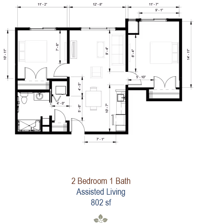 Black-background architectural floor plan diagram showing furniture layout for a 2-bedroom, 1-bath assisted living unit labeled "802 sf."