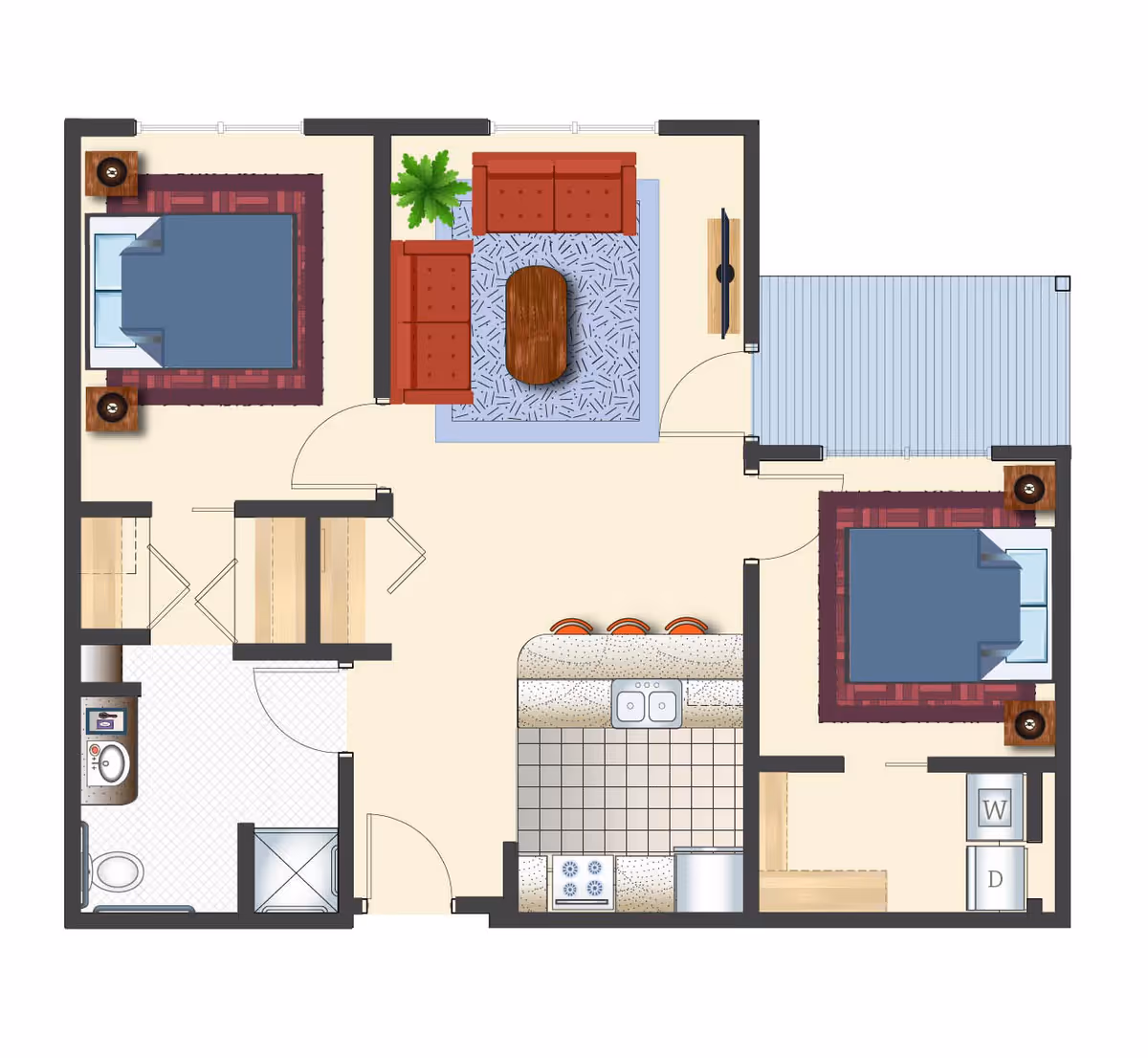 Floor plan of a residential unit showing two bedrooms, a living room with two sofas and a coffee table, a kitchen with a stove, sink, and refrigerator, a bathroom with a toilet, sink, and shower, and a laundry area with washer and dryer. There is also a small outdoor balcony area.