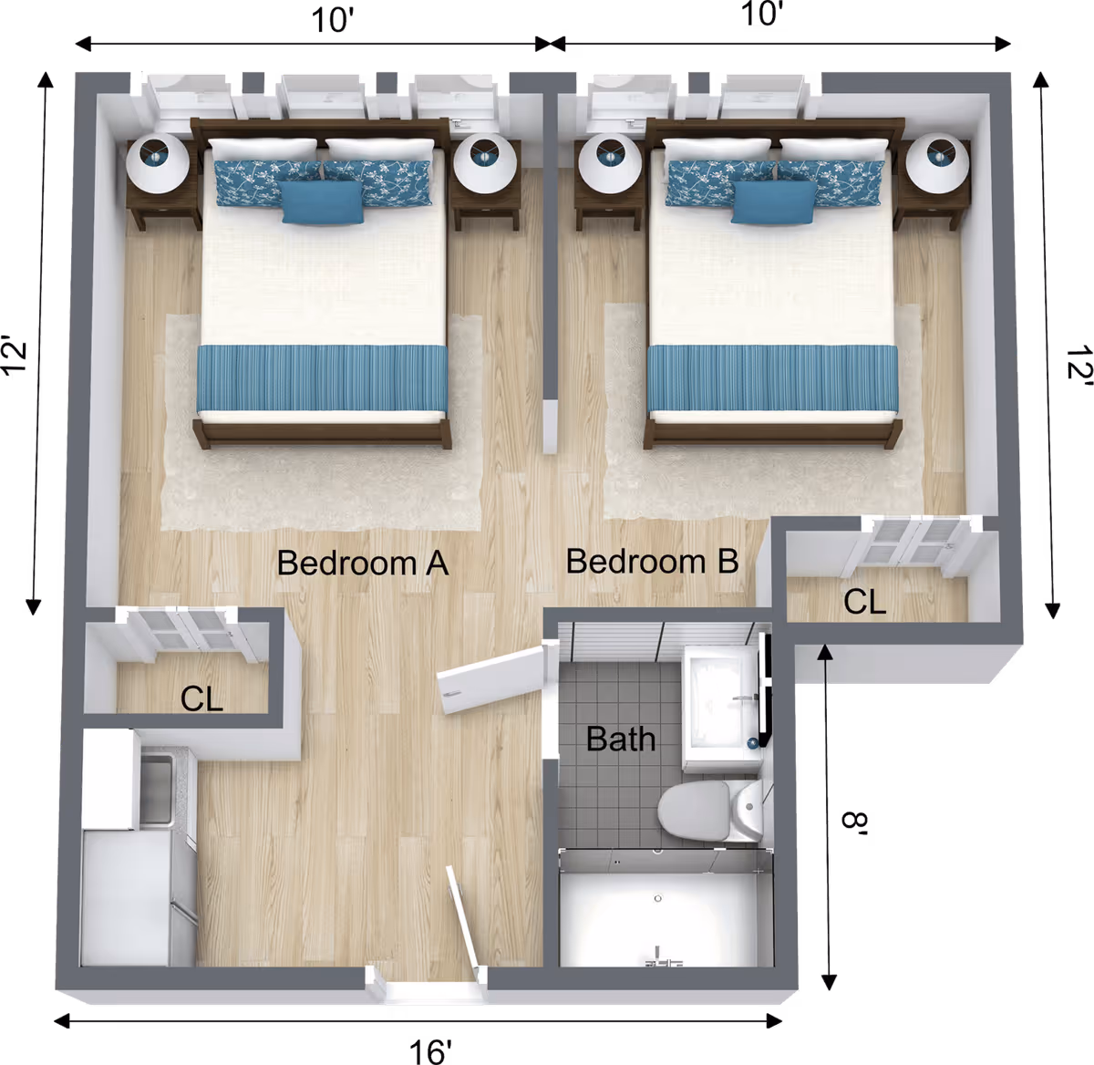 3D floor plan of a living space with two bedrooms labeled Bedroom A and Bedroom B, each containing a bed with pillows and two nightstands with lamps. There is a bathroom labeled Bath with a sink, toilet, and bathtub. The layout also includes closets labeled CL and a small kitchen area with a refrigerator and stove. Dimensions of the rooms and overall space are marked.
