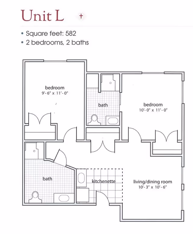 Floor plan of Unit L at Village at the Oaks showing 582 square feet with 2 bedrooms and 2 bathrooms. The layout includes two bedrooms, two bathrooms, a kitchenette, and a combined living/dining room area.