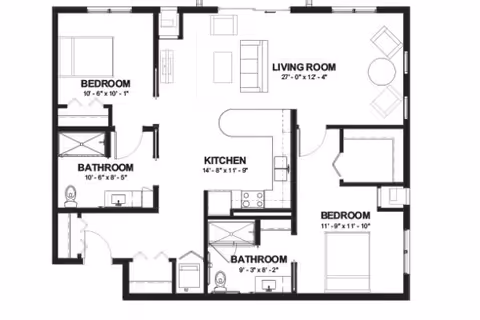 Architectural floor plan of a residential unit at Clarendale Of Chandler showing two bedrooms, two bathrooms, a kitchen, and a living room with furniture layout and room dimensions.