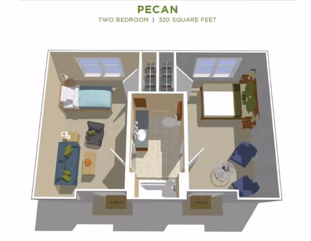 3D floor plan of a two-bedroom assisted living unit named Pecan, measuring 320 square feet. The layout includes two bedrooms on either side, each with a bed and furniture. The left bedroom has a single bed, a sofa, and a chair, while the right bedroom has a double bed and two chairs with a small round table. In the center is a bathroom with a sink, toilet, and shower. There are closets adjacent to the bathroom. The entrance is at the bottom center of the image.