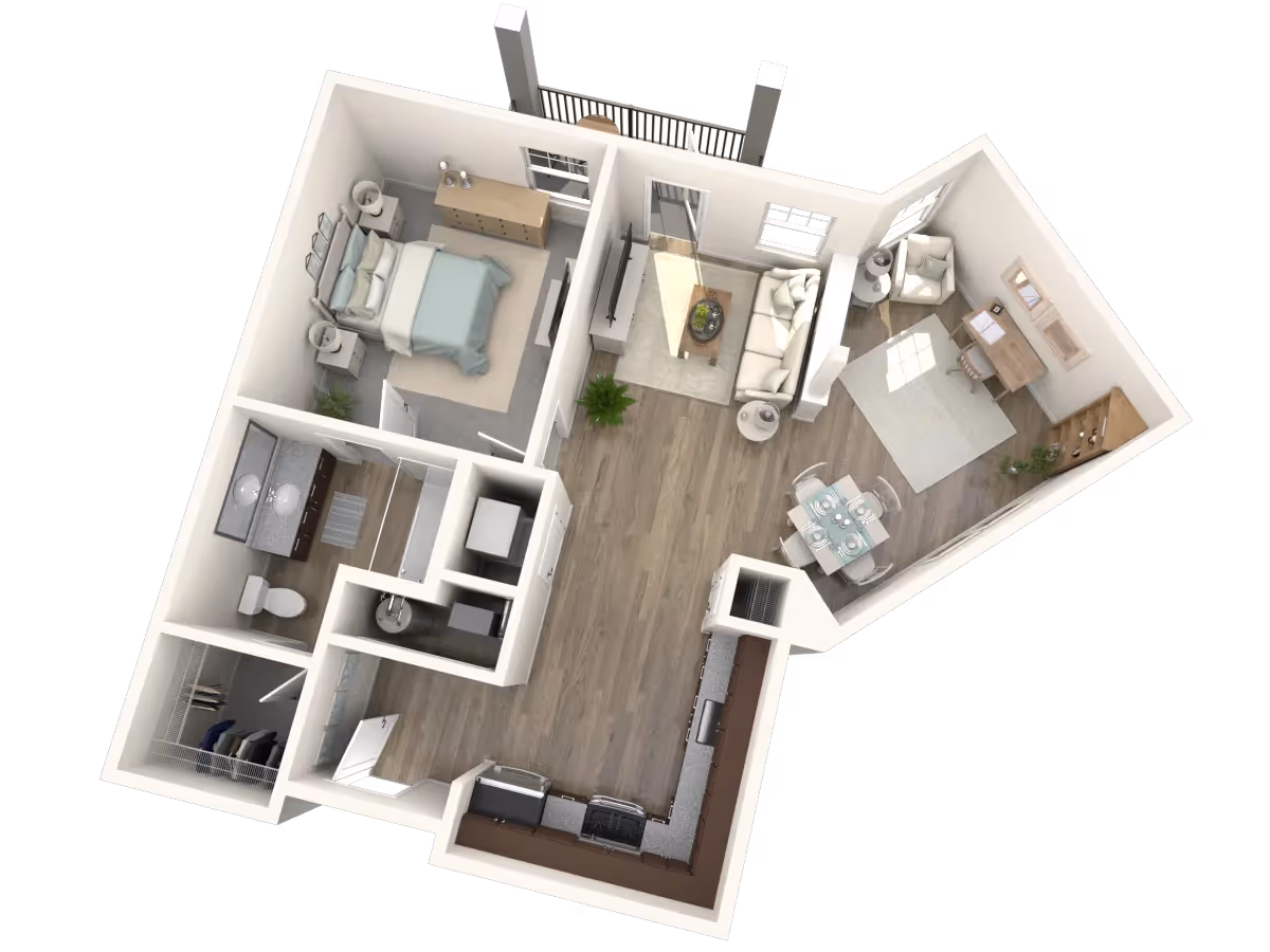 3D rendered floor plan of a one-bedroom apartment showing a bedroom, bathroom, kitchen, living and dining areas.