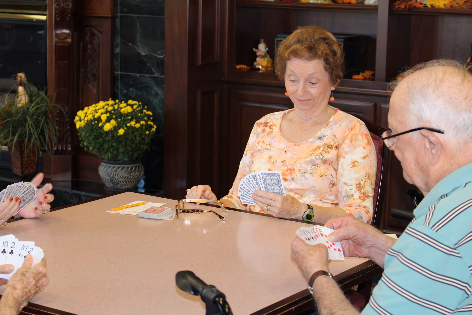 Three elderly people sitting around a table playing cards in a cozy room with wooden shelves and a fireplace. A yellow potted flower and some plants are visible in the background.
