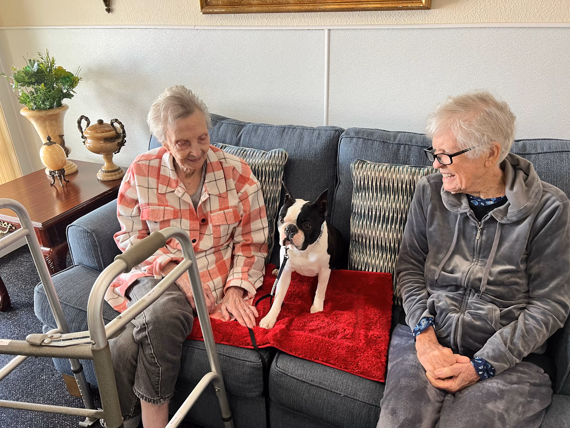 Two elderly women sitting on a blue couch with a black and white Boston Terrier dog between them on a red blanket. One woman is wearing a pink and white checkered jacket and has a walker in front of her, while the other woman is wearing glasses and a gray zip-up hoodie. There is a wooden side table with decorative items and a plant in the background.