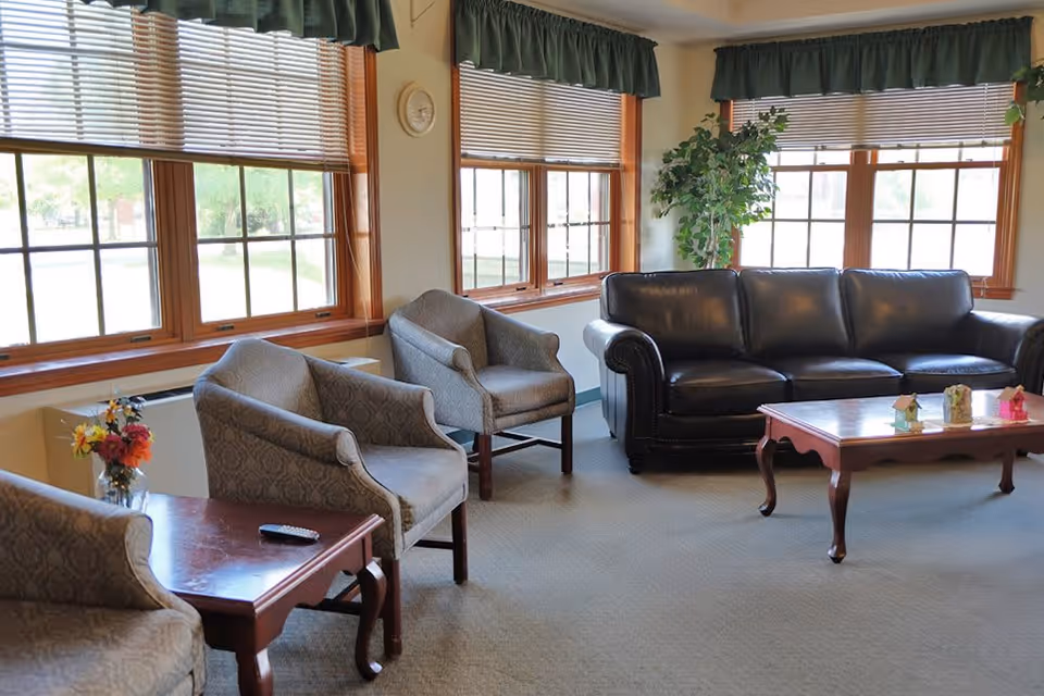 A bright living room area with large windows covered by blinds and green valances. The room features a black leather sofa, three patterned armchairs, two wooden coffee tables, a vase with flowers, and a potted plant in the corner.