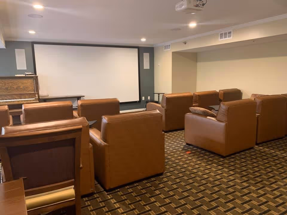 A small theater room with several brown leather armchairs arranged in rows facing a large white projection screen on the wall. The room has a patterned carpet and recessed ceiling lights.