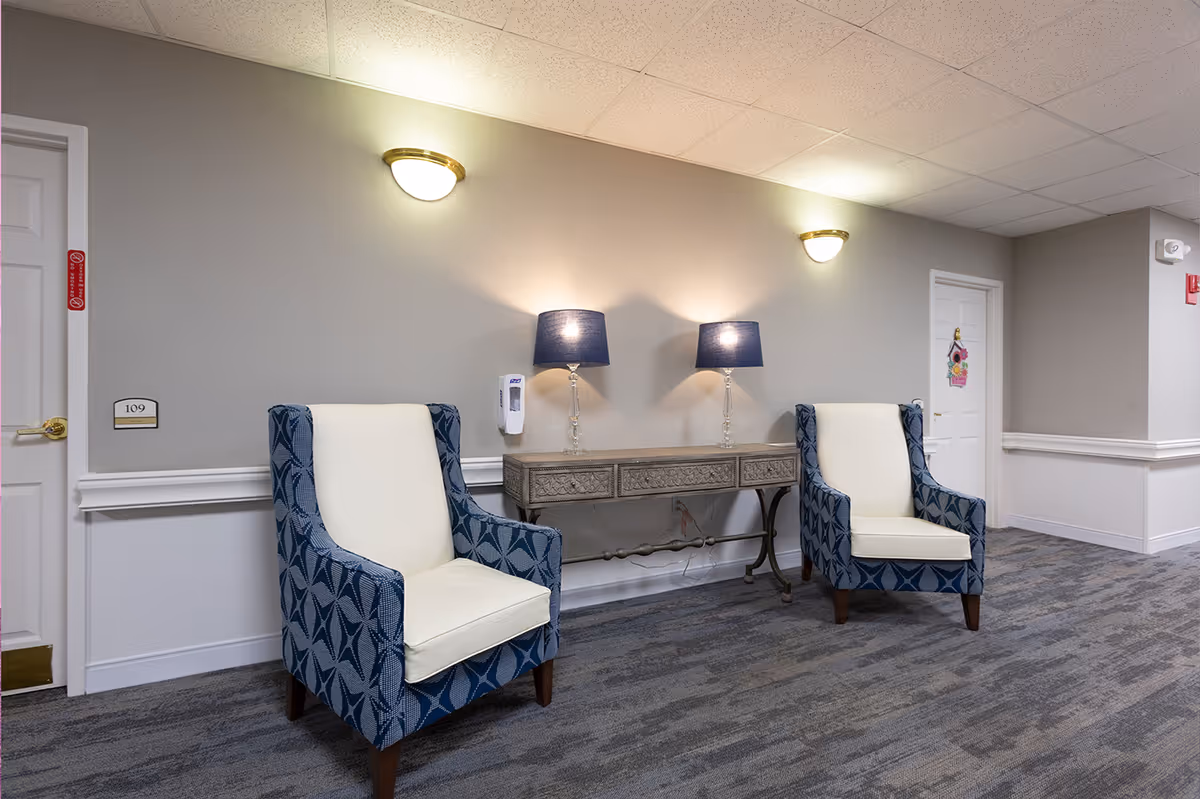Two blue patterned armchairs flank a decorative console table with two lamps in a bright hallway seating area.