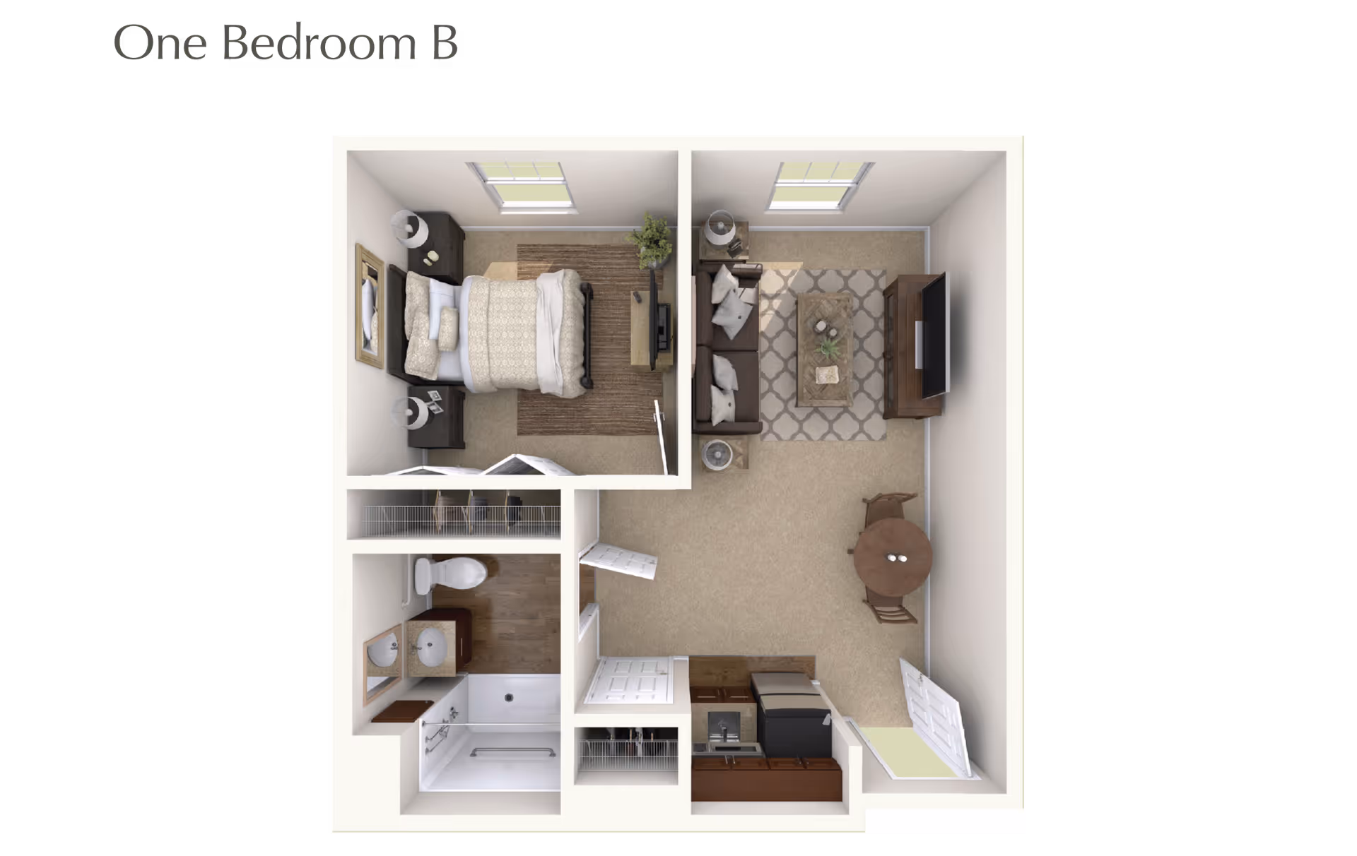 Floor plan of a one-bedroom apartment labeled 'One Bedroom B' showing a bedroom with a bed and nightstands, a living room with a sofa, coffee table, TV, and dining table with chairs, a kitchen area with appliances, and a bathroom with a shower, toilet, and sink.