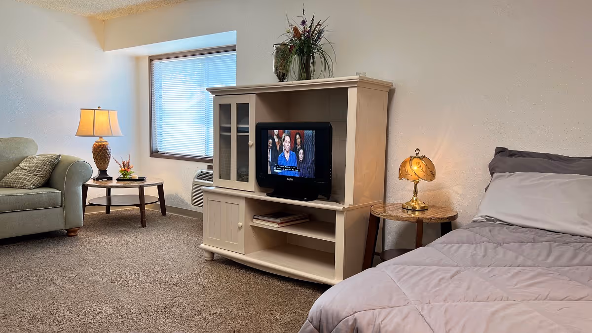 A cozy room with a bed on the right side covered with gray bedding and pillows, a wooden side table with a decorative lamp, a wooden entertainment cabinet with a small TV showing a courtroom scene, a window with blinds, and a green armchair with a side table and lamp on the left side.