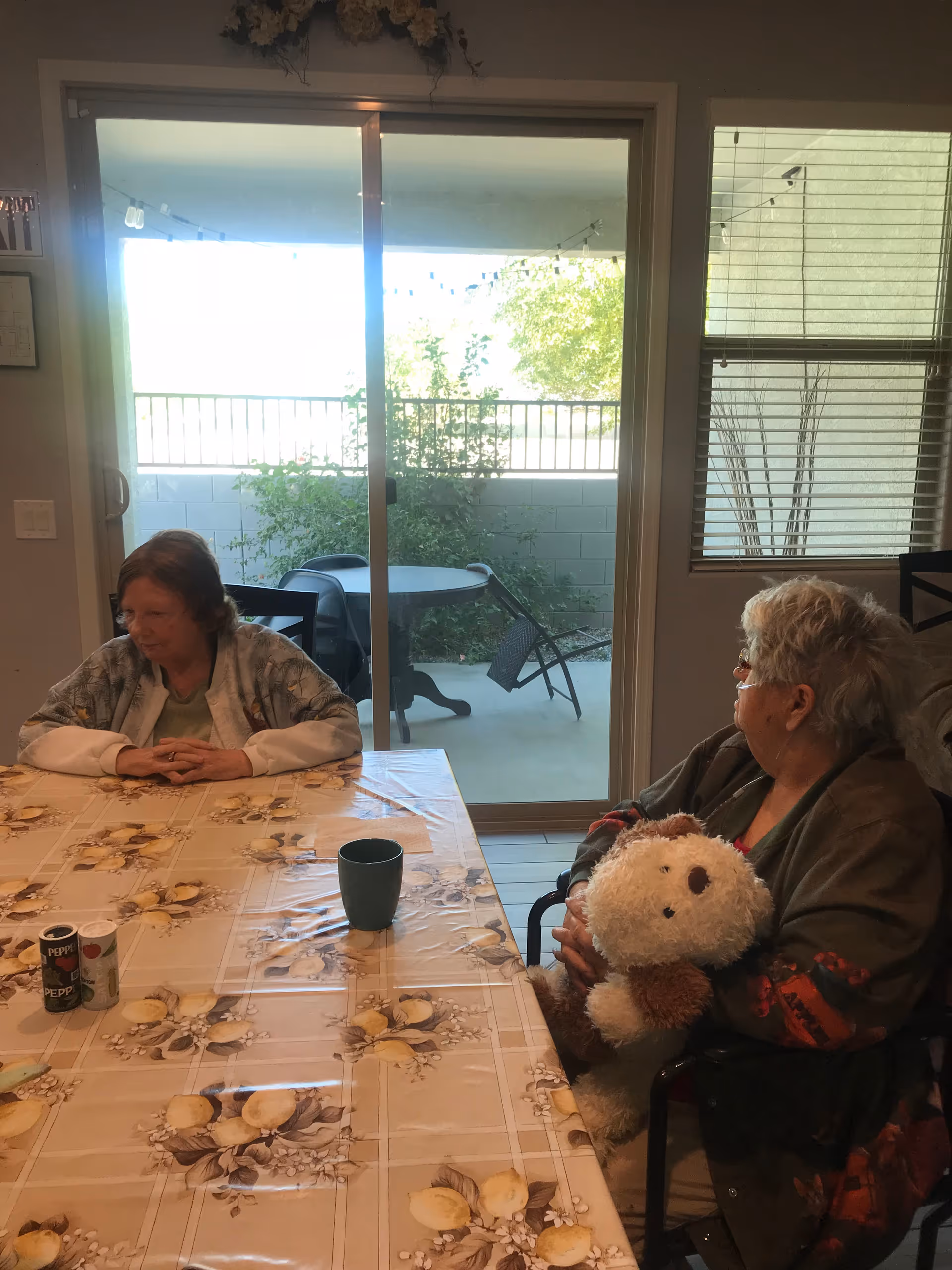 Two elderly women sitting at a dining table covered with a floral tablecloth. One woman is sitting with her hands folded on the table, while the other woman is holding a stuffed dog toy. Behind them is a sliding glass door leading to an outdoor patio with a table and chairs, and a window with blinds to the right.