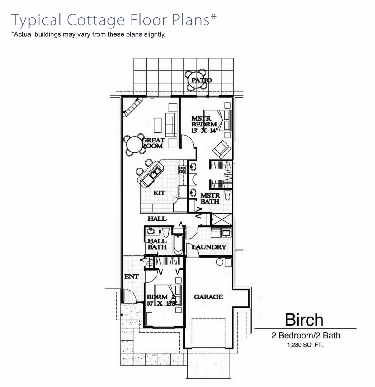 Floor plan of a typical cottage named Birch, featuring 2 bedrooms and 2 bathrooms with a total area of 1,280 square feet. The layout includes a master bedroom with an attached master bath, a second bedroom, a hall bath, a kitchen with an island, a great room, a laundry area, a garage, an entryway, and a patio.