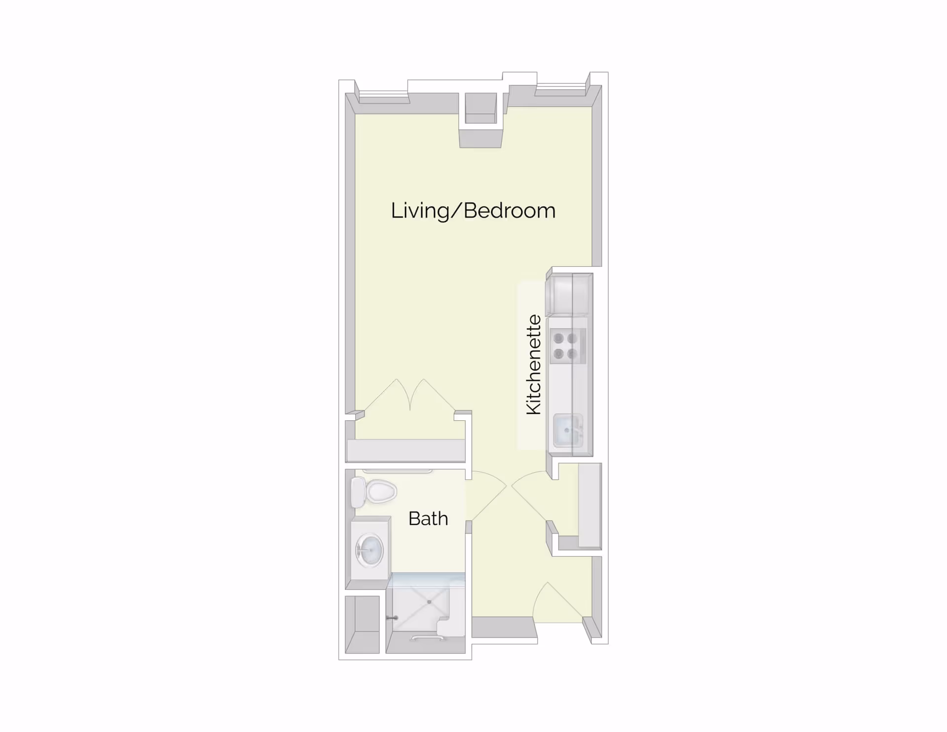 Floor plan of a studio apartment showing a combined living/bedroom, kitchenette, and a bath.