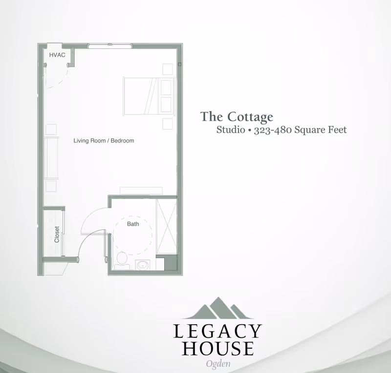 Floor plan of a studio apartment named The Cottage at Legacy House Assisted Living of Ogden, showing a combined living room and bedroom area, a bathroom, a closet, and an HVAC area. The studio size ranges from 323 to 480 square feet.