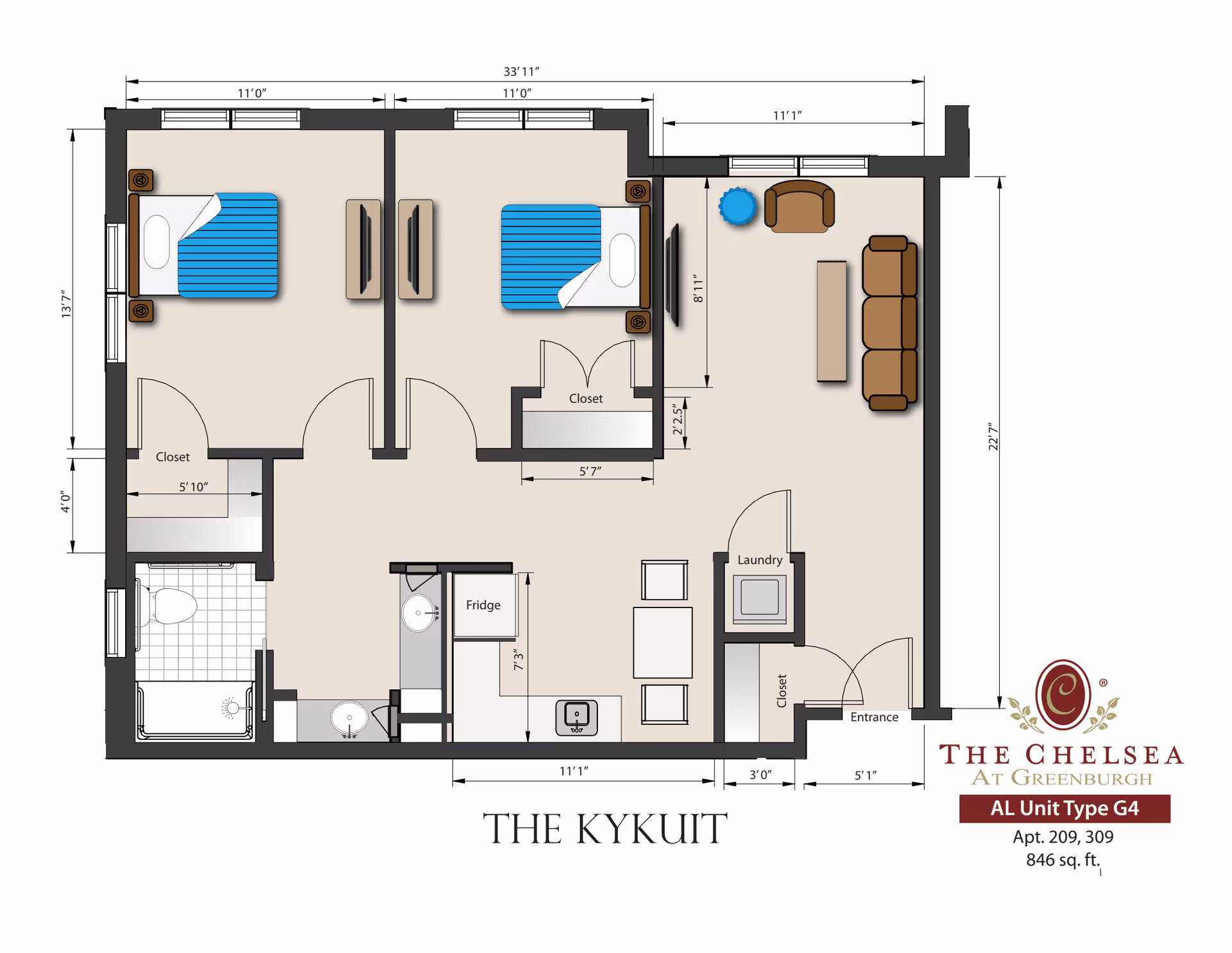 Floor plan of The Kykuit unit at The Chelsea at Greenburgh showing two bedrooms, one bathroom, a kitchen area with fridge and sink, a living room with sofa, chair, coffee table and TV, a laundry closet, and an entrance closet. Dimensions of rooms and spaces are marked.